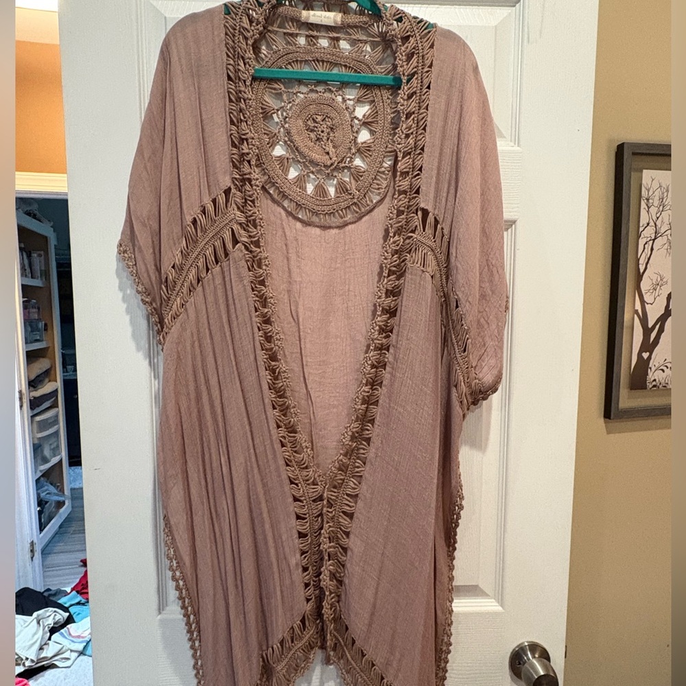Boho Crochet Trim Kimono Cardigan - Mauve Taupe